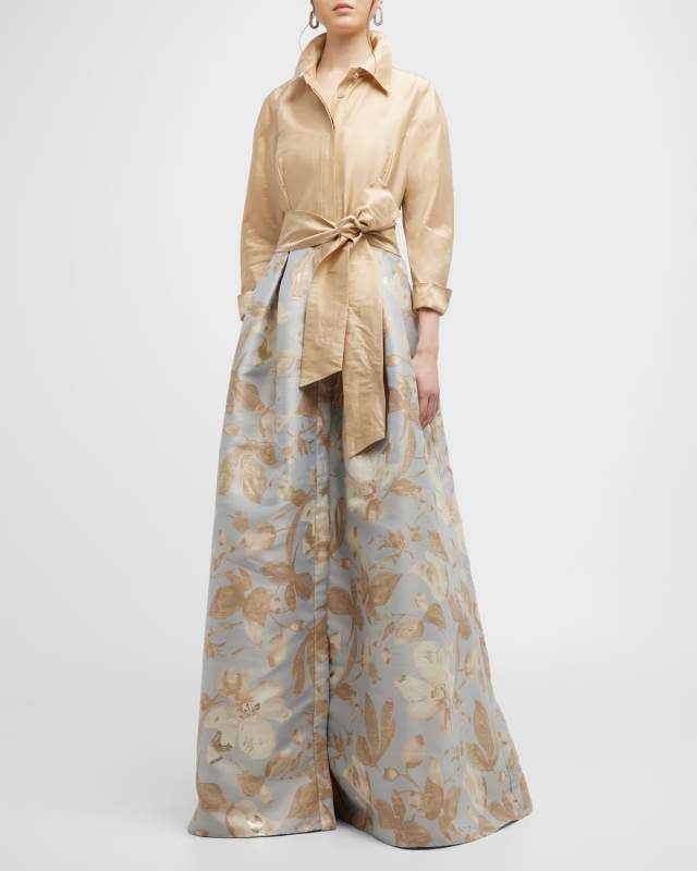 Floral Jacquard Waist Taffeta Shirtdress Gown